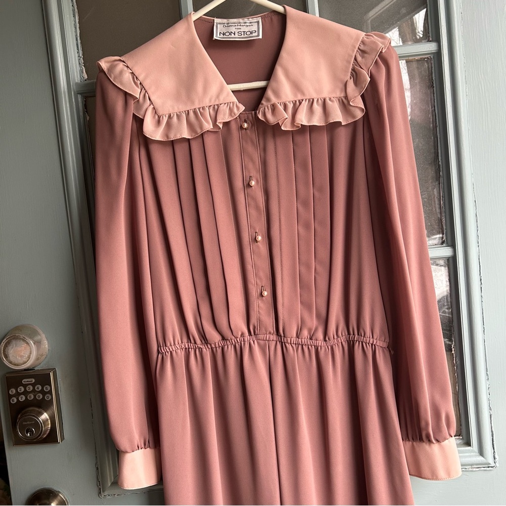 Vintage 70’s Prairie Ruffle Collar Midi Dress Long Sleeve Pearl Button Pleated M - Picture 3 of 10